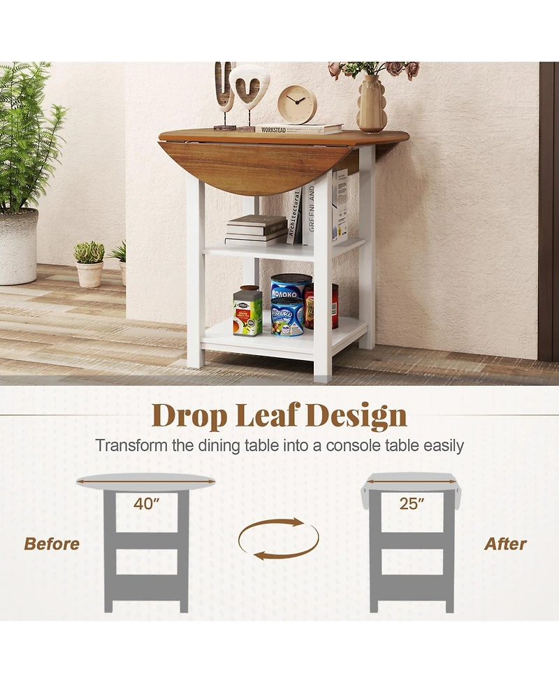 Volenca Folding Round Dining Table Drop Leaf Table with 2 Shelves for Small Spaces-White