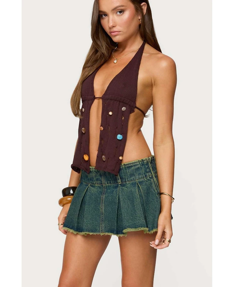 Edikted Women's Beaded Distressed Knit Split Front Top