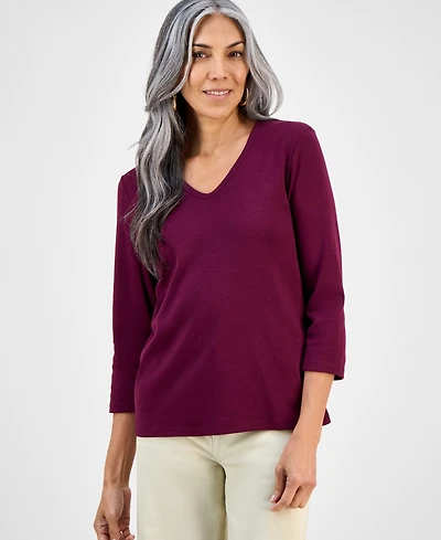 Style & Co Women's Cotton 3/4-Sleeve V-Neck Tee, Created for Macy's