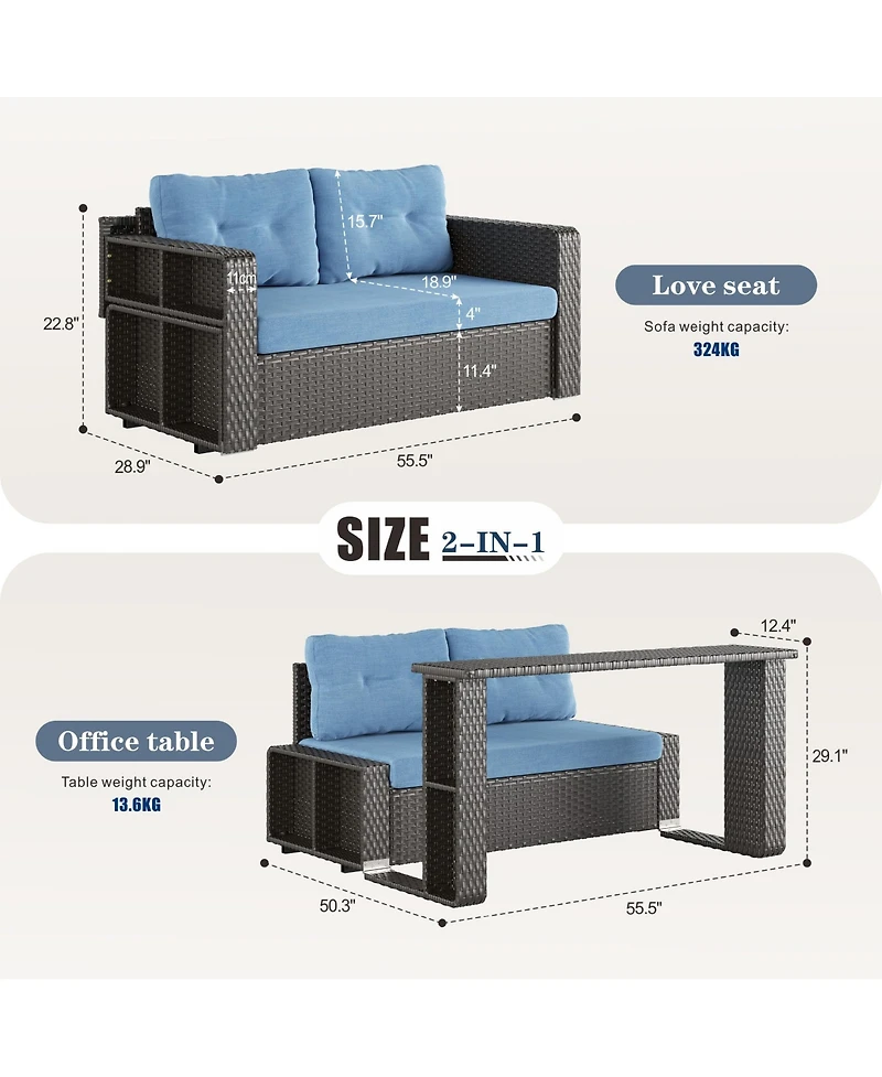 Vlsrka Convertible Foldable Wicker Outdoor Sofa with Storage Shelves