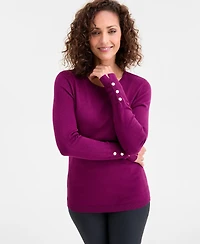 Jm Collection Women's Button-Sleeve Crewneck Sweater, Created for Macy's