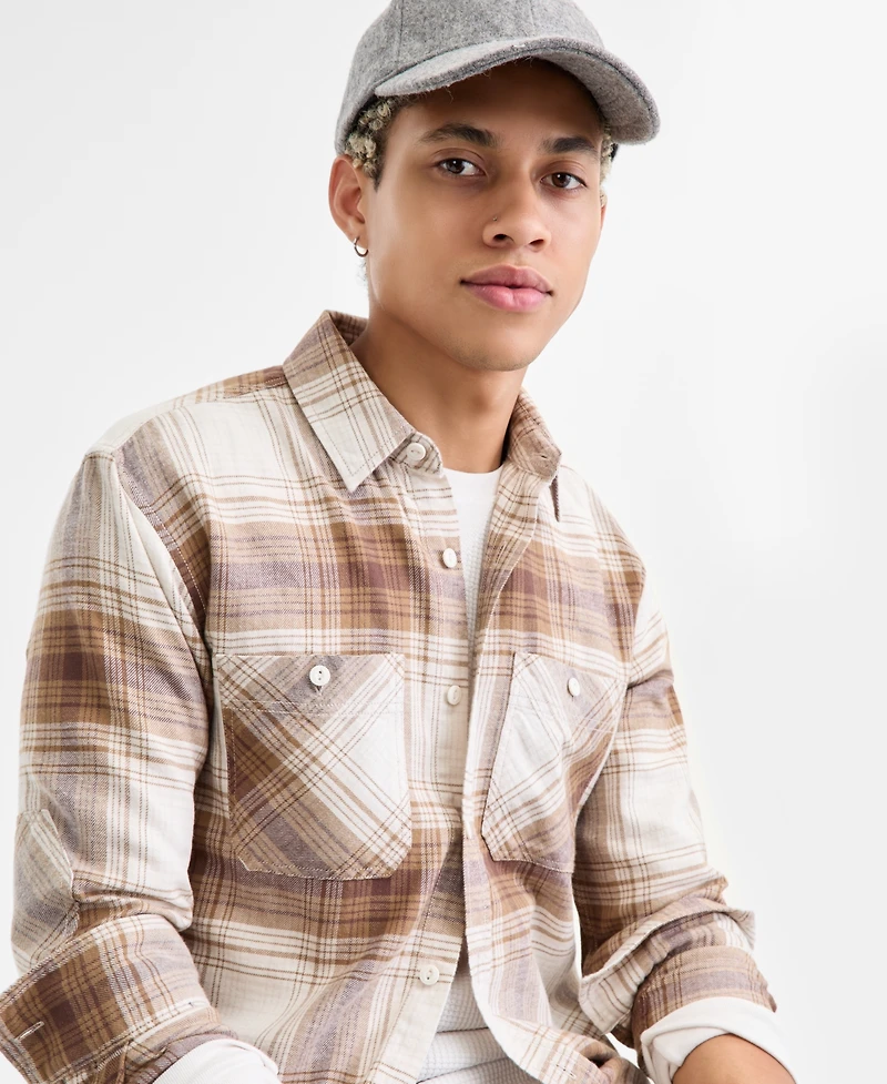 Sun + Stone Men's Curry Long-Sleeve Cotton Flannel Plaid Shirt, Macy's Exclusive