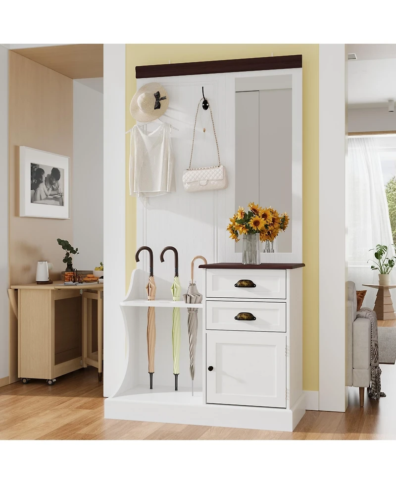 Homsee White multifunctional hall tree with mirror and hooks