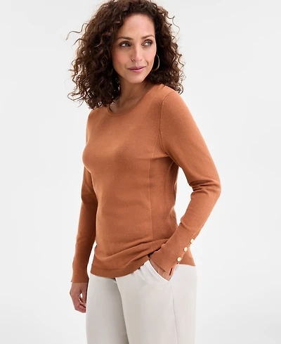 Jm Collection Women's Button-Sleeve Crewneck Sweater, Created for Macy's
