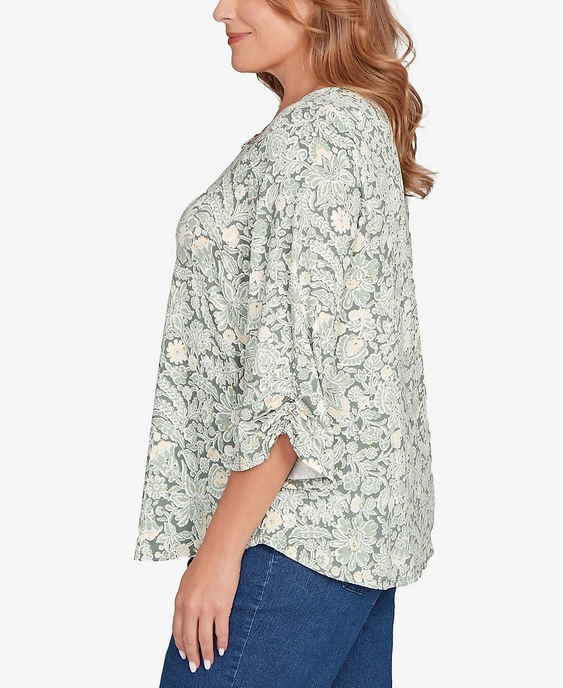 Ruby Rd. Plus Floral Dew Drop Ruched Sleeves Top