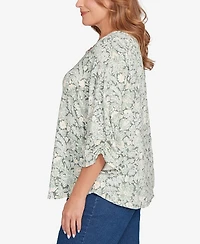 Ruby Rd. Plus Floral Dew Drop Ruched Sleeves Top