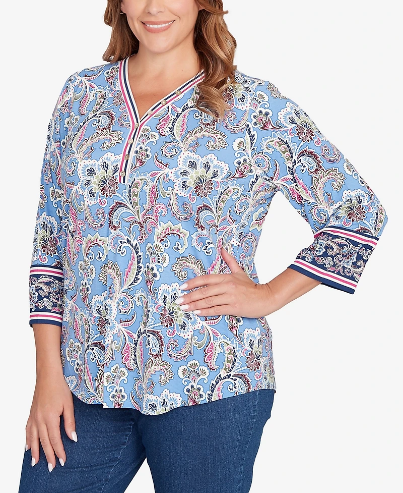 Ruby Rd. Plus Stripe Trim Paisley Henley Top