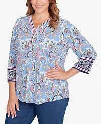 Ruby Rd. Plus Stripe Trim Paisley Henley Top
