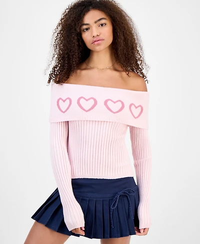 Madden Girl Juniors' Jacquard-Heart Off-The-Shoulder Sweater