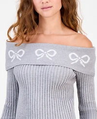 Madden Girl Juniors' Jacquard-Bow Off-The-Shoulder Sweater