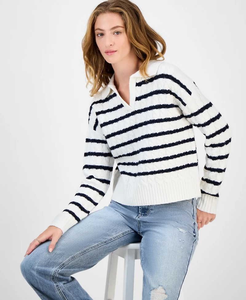 Hooked Up by Iot Juniors' Striped Cable-Knit Collar Sweater