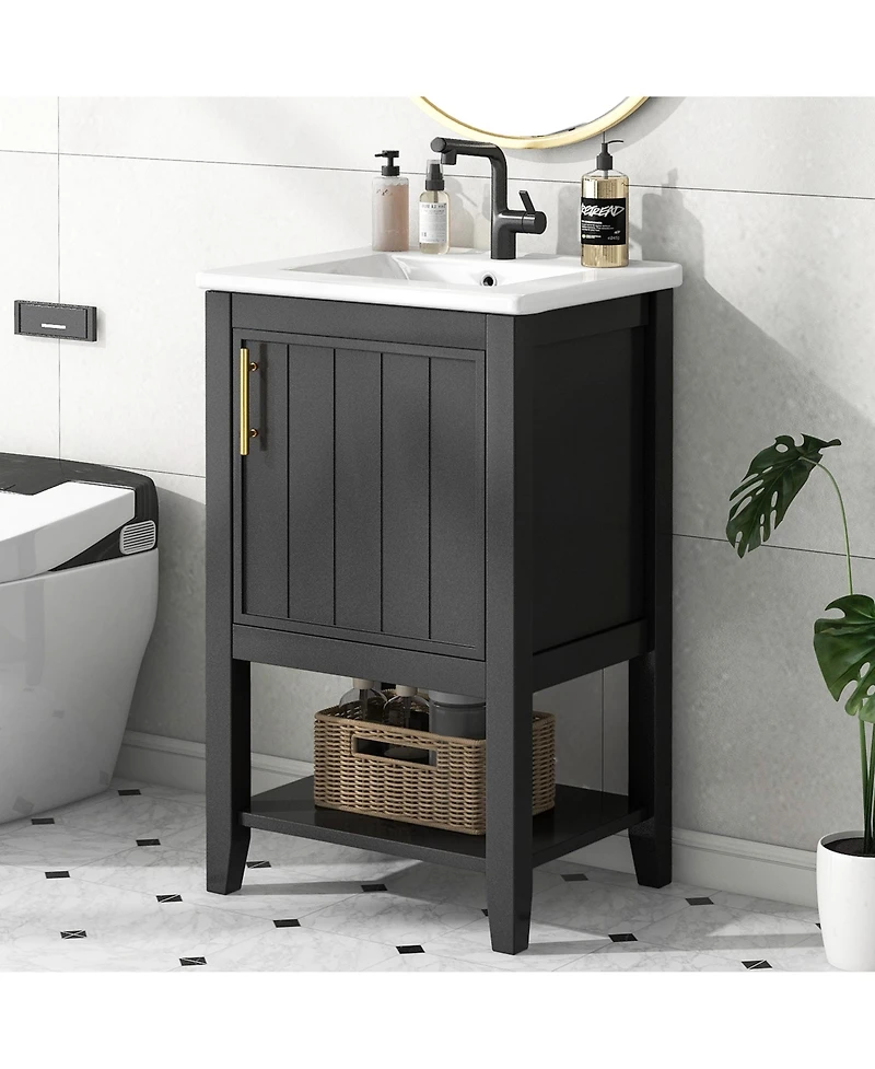 Casainc 20" Vanity with Sink and Soft-Close Door, Bathroom Cabinet with Storage Rack and Open Shelf