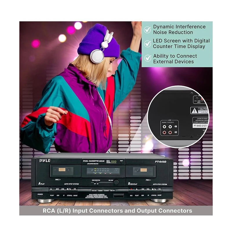 Pyle Dual Cassette Deck - Double Cassette Tape System for Mixtape Recording, CrO2 Tape Selector, High-Speed Dubbing