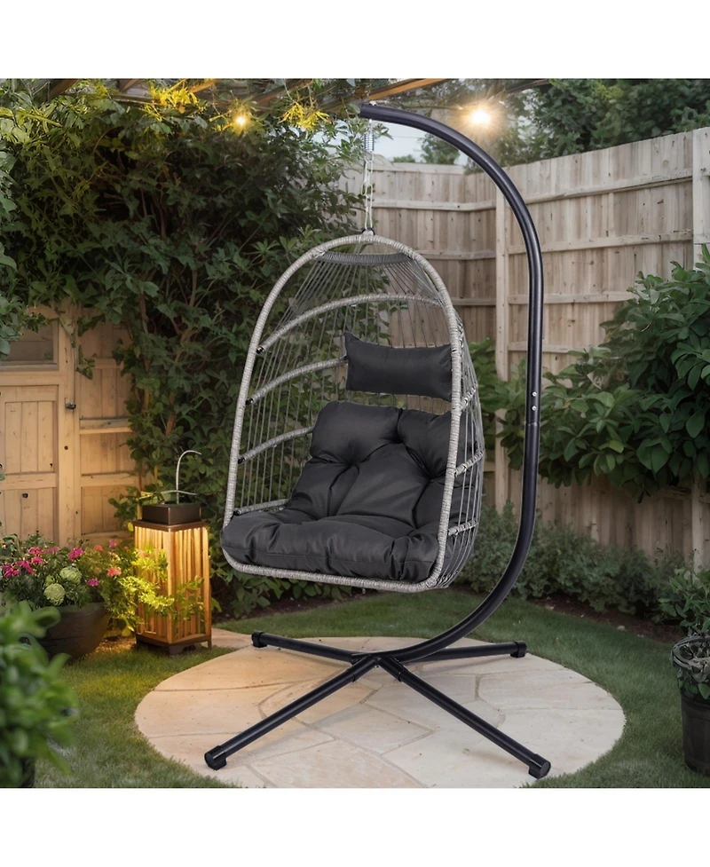 Flynama Outdoor Egg Hanging Chair with Stand, Patio Wicker Swing Egg Chair Indoor Swinging Chair Outdoor Hammock Egg Chair