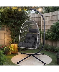 Flynama Outdoor Egg Hanging Chair with Stand, Patio Wicker Swing Egg Chair Indoor Swinging Chair Outdoor Hammock Egg Chair