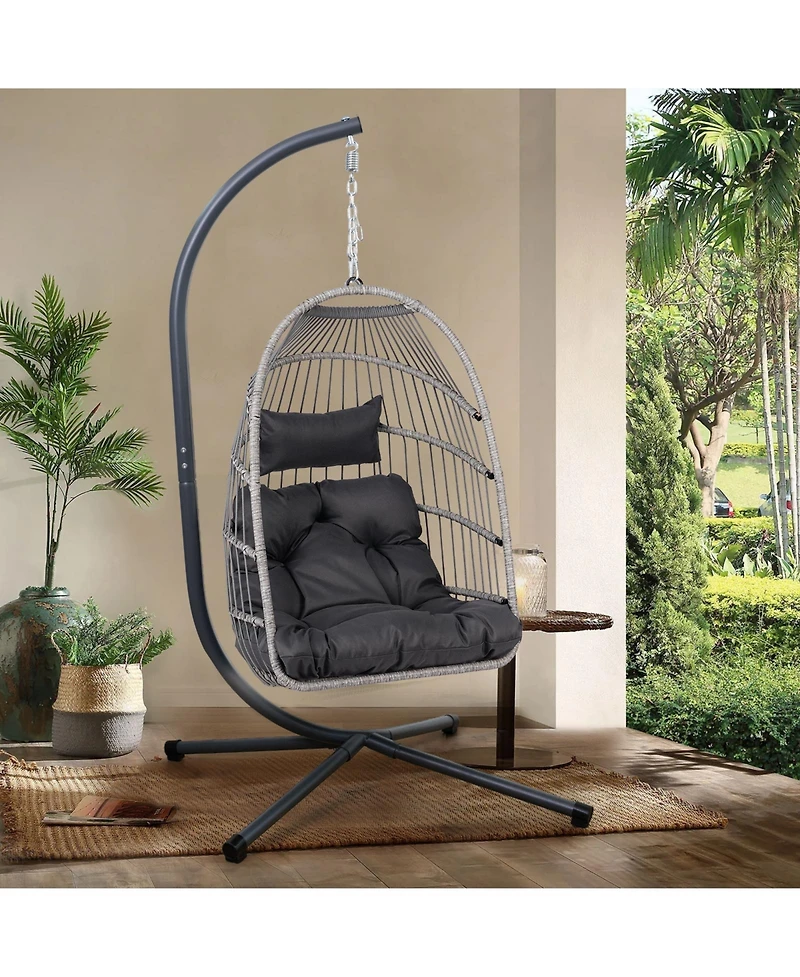 Flynama Outdoor Egg Hanging Chair with Stand, Patio Wicker Swing Egg Chair Indoor Swinging Chair Outdoor Hammock Egg Chair