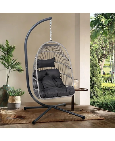 Flynama Outdoor Egg Hanging Chair with Stand, Patio Wicker Swing Egg Chair Indoor Swinging Chair Outdoor Hammock Egg Chair