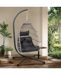 Flynama Outdoor Egg Hanging Chair with Stand, Patio Wicker Swing Egg Chair Indoor Swinging Chair Outdoor Hammock Egg Chair