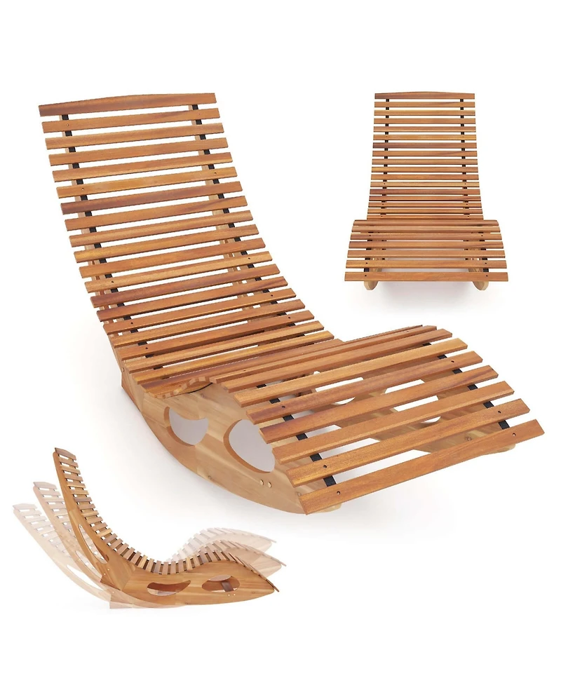 Costway Outdoor Chaise Lounge with High Back Slatted Seat Stopper Outside Wood Rocker