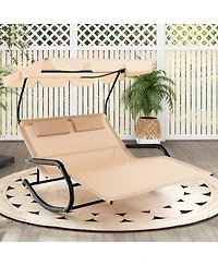 Gymax Outdoor 2-Person Double Rocking Chaise Lounge w/ Canopy & Wheels Metal Frame