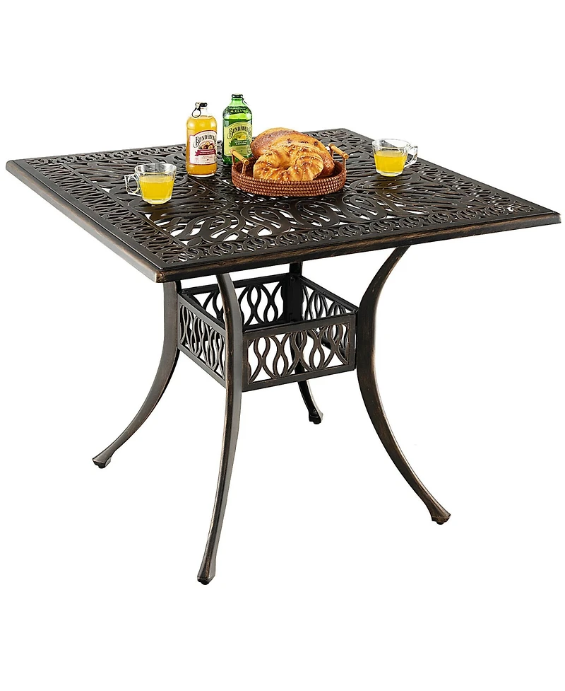 Gymax 35.4'' Patio Square Dining Table Cast Aluminum Umbrella Hole All-weather Outdoor
