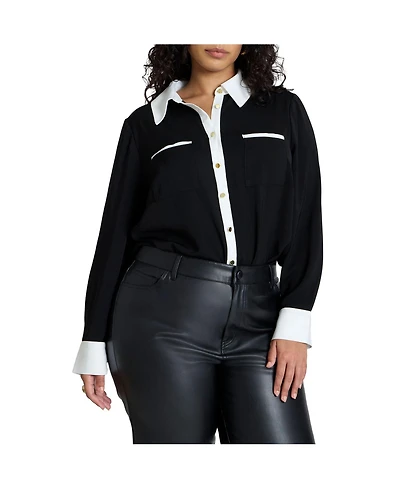 Eloquii Women's Plus Combo Collared Long Sleeve Shirt