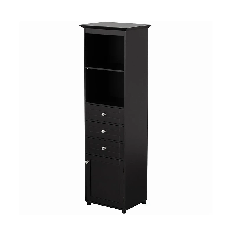 Basicwise Tall Freestanding Storage Organizer Linen Tower, Vanity Closet, Bathroom Cabinet with 2 Open shelves, 3 Drawers, and a White