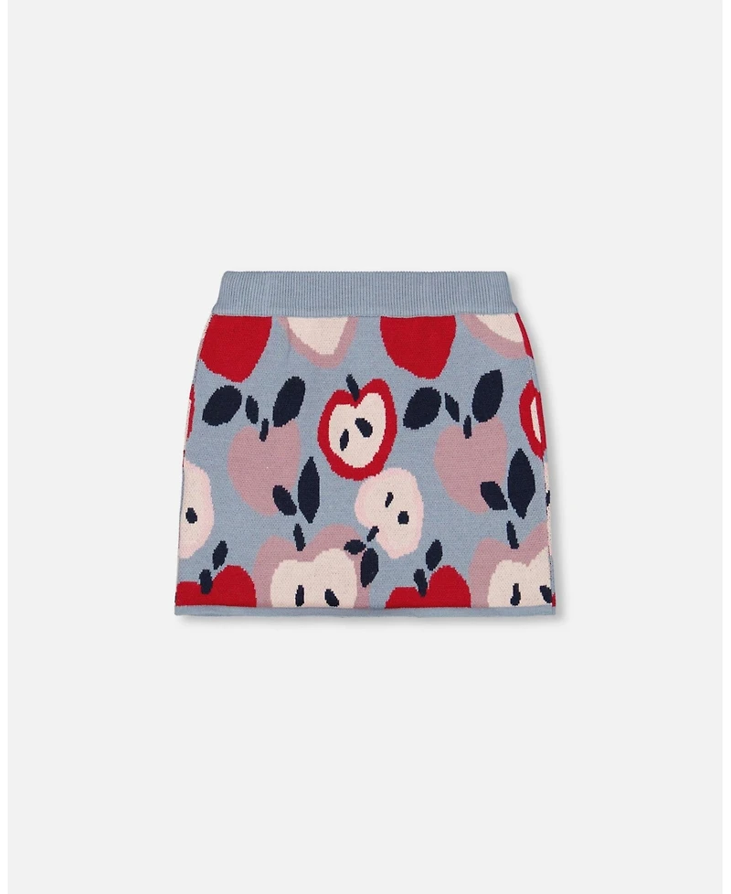 Deux par Girl Knit Skirt Blue and Red with Apple Heart Jacquard