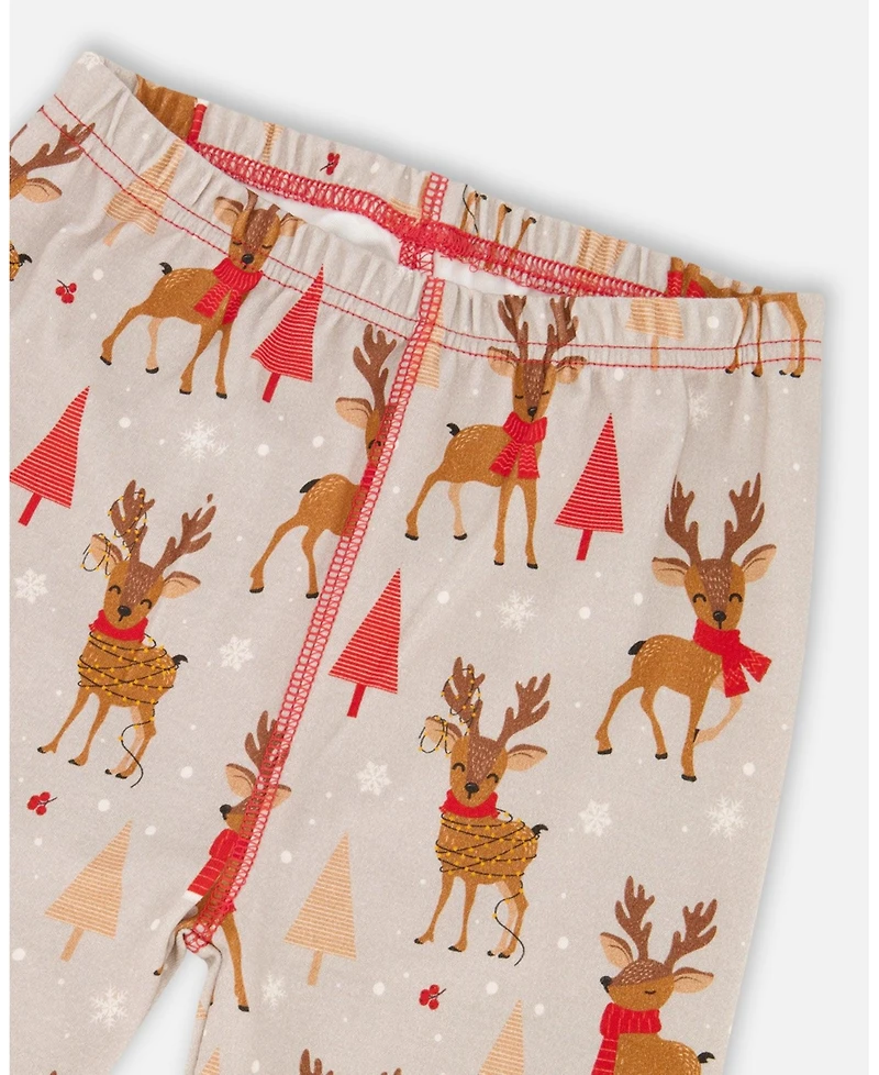Deux par Baby Boys Two-Piece Cotton Pajama Set Beige Reindeer Print