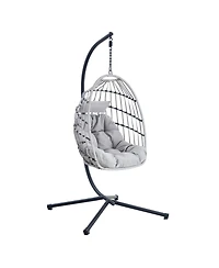 Duty Iron Hanging Chair with Wicker Weave – Single Person Swing for Indoor/Outdoor (Gray)