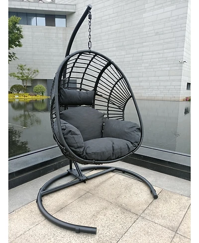 Flynama High Quality Outdoor Indoor Black color Pe Wicker Swing Egg chair with Antracite Color Cushion And Black Color Base