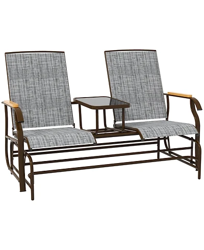 2 Person Outdoor Glider Bench, Patio Swing Glider Chair Loveseat with Breathable Mesh, Table, Steel Frame for Garden, Backyard, Porch, Gray