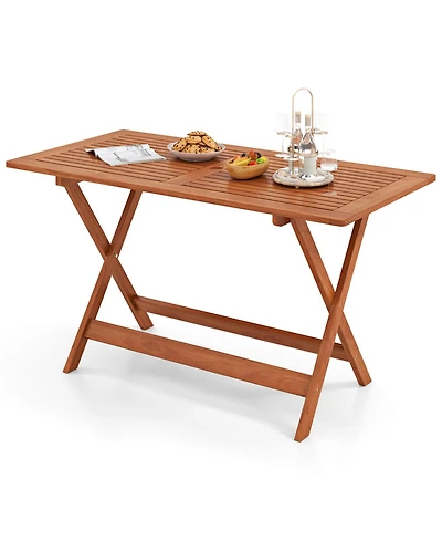 Gymax 54.5'' x 27.5'' Patio Dining Table w/ Teak Painting 2'' Umbrella Hole for Balcony