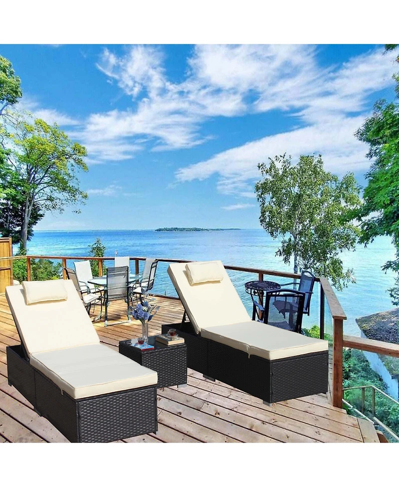 Flynama 3-Piece Outdoor Patio Furniture Set Chaise Lounge, Patio Reclining Rattan Lounge Chair Chaise Couch Cushioned with Glass Coffee Table, Adjusta