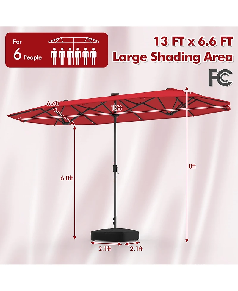 Gymax 13 Ft Patio Umbrella Double-Sided Market Umbrella w/ 36 Solar-Powered Led Lights