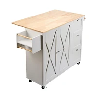 Solid Wood Top Kitchen Island Cart with Cabinet, Spice Rack, Drawer, and Towel Bar