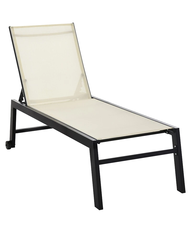 Flynama Outdoor Lounge Chair, Patio Lounger with 5-Position Reclining Backrest and 2 Wheels for Poolside, Beach, Lawn, Cream White