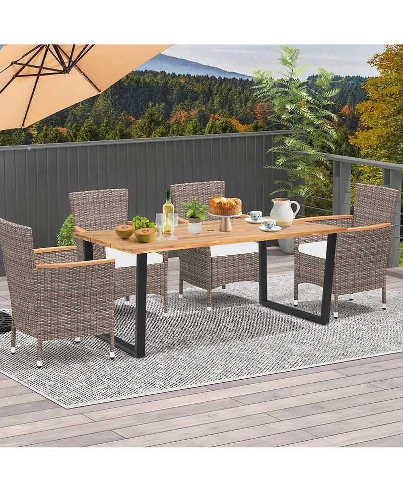 Gymax Patio Rectangle Dining Table Acacia Wood with 2'' Umbrella Hole Indoor and Outdoor Deck