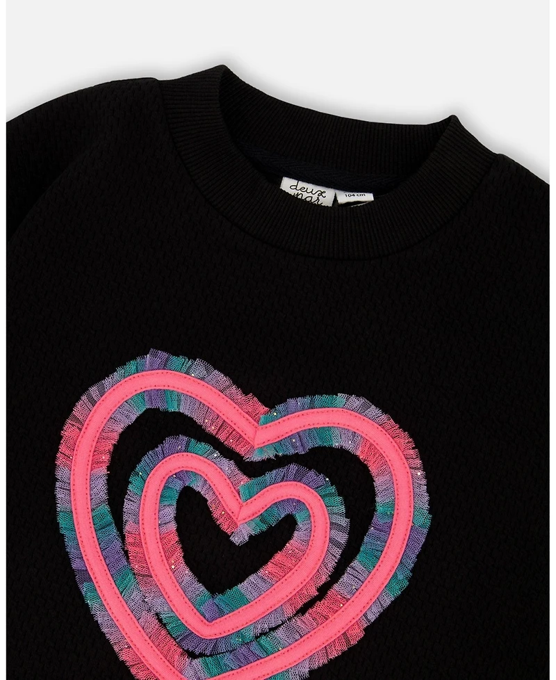 Deux par Big Girls Fleece Jacquard Tunic Black with Heart Applique