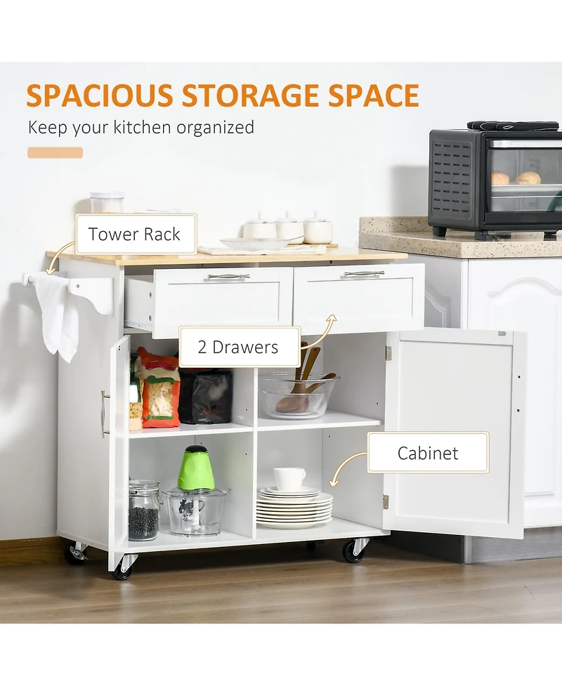 Halifax North America White Kitchen Island: 41" Rolling Cart with Rubberwood Top and Drawers