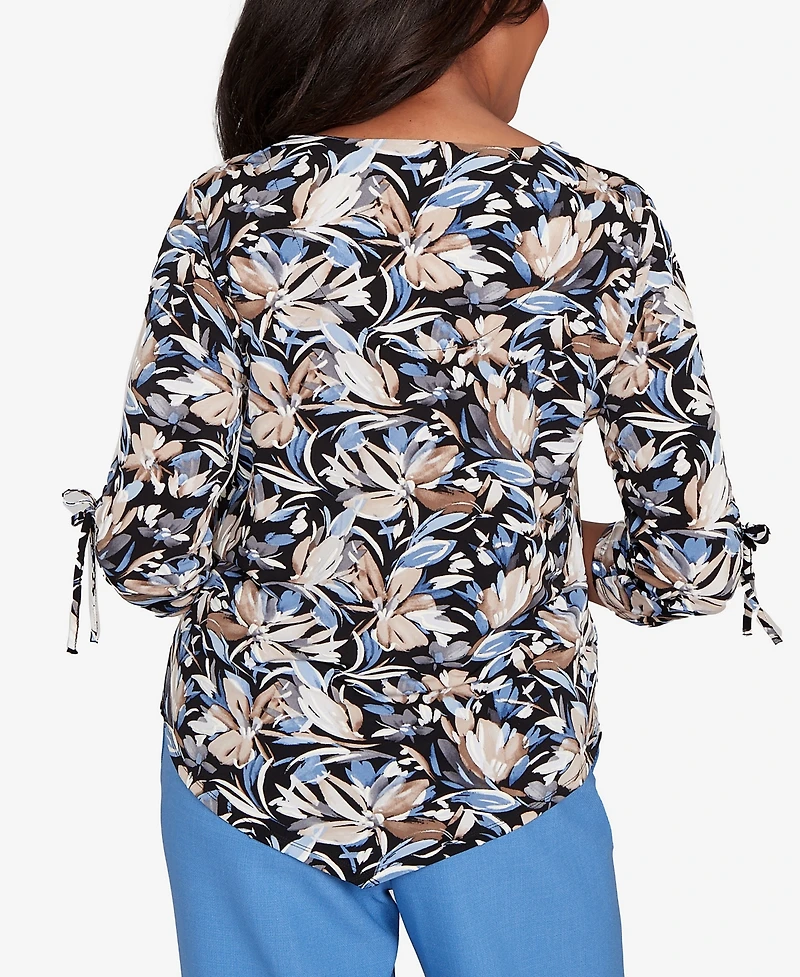Alfred Dunner Women's Tie Sleeve Brushstroke Floral Knit Top