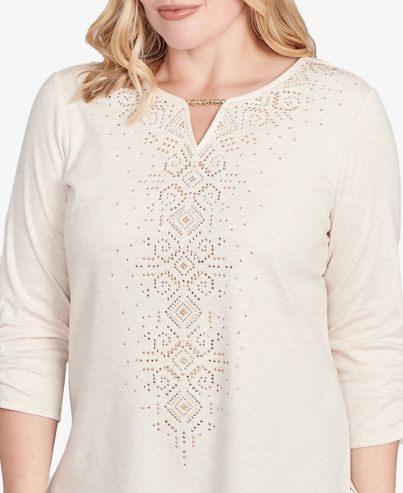 Alfred Dunner Women's Urban Legend Center Embellished V-Neck Top