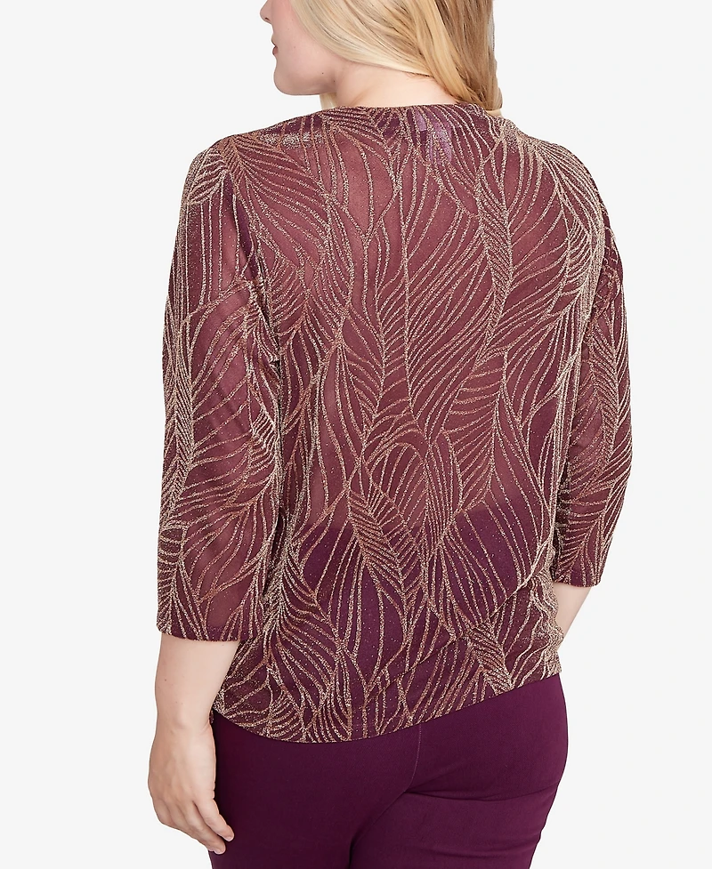 Alfred Dunner Women's Urban Legend Glitter Leaf Two One Top with Necklace