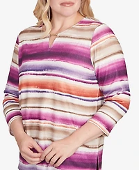 Alfred Dunner Women's Urban Legend Watercolor Biadere Beaded Split Neck Top