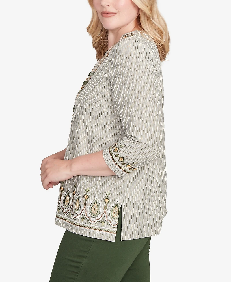 Alfred Dunner Women's Mount Laurel Textured Medallion Bordered Top with Necklace