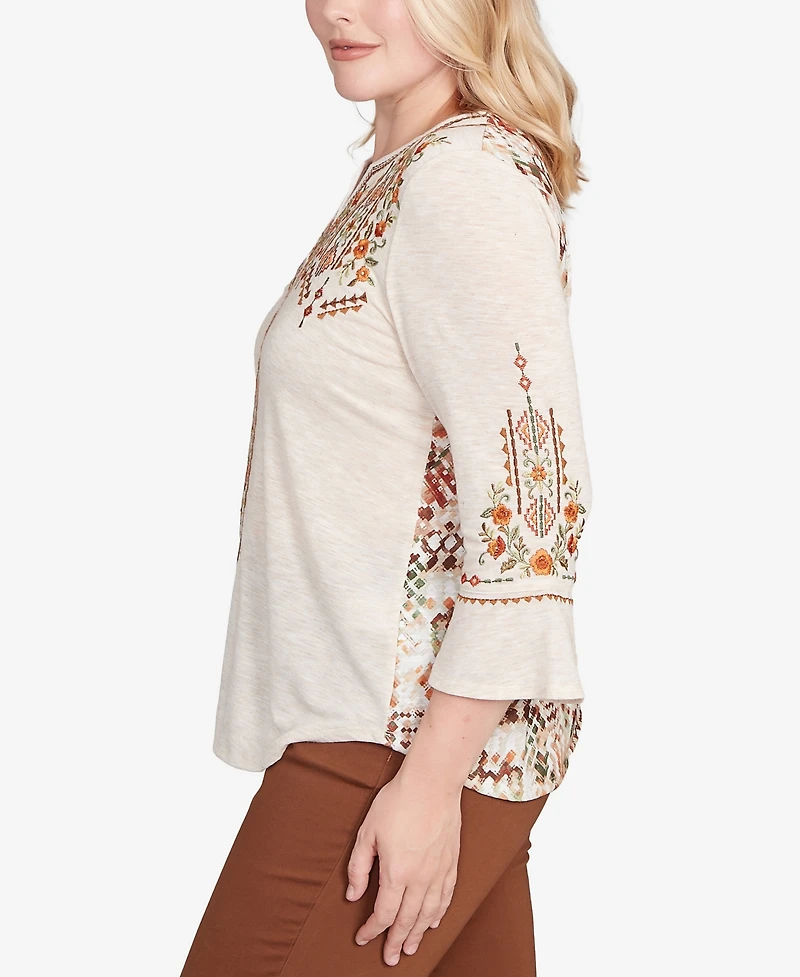 Alfred Dunner Women's Mount Laurel Geometric Floral Embroidery Printed Top