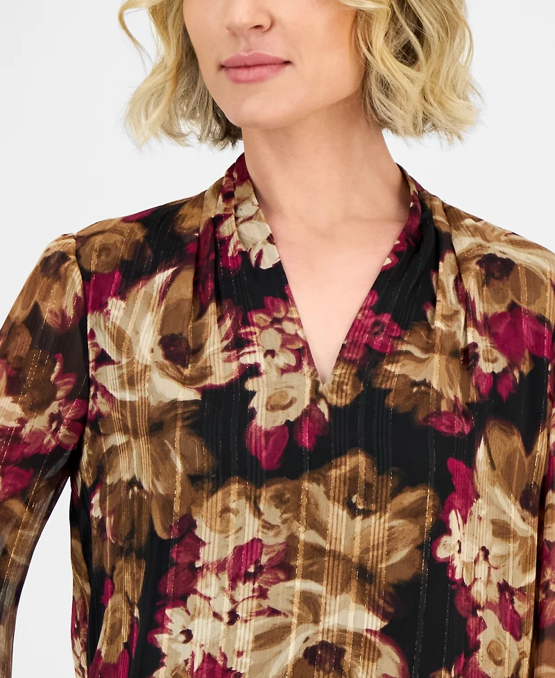 Kasper Floral-Print V-Neck Long-Sleeve Blouse, Regular & Petites