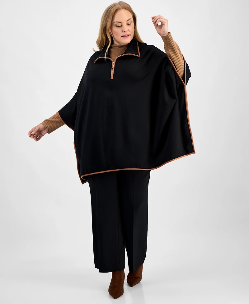 Jones New York Plus Size Faux-Leather-Trim Quarter-Zip Poncho