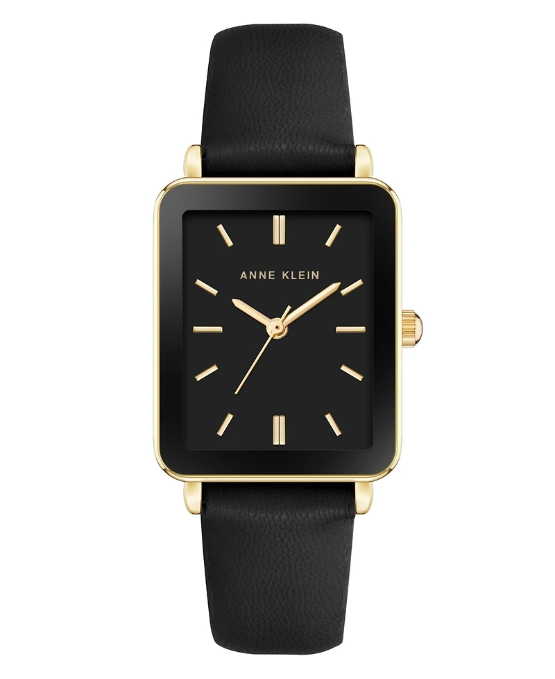 Anne Klein Women's Quartz Rectangular Black Leather and Gold-Tone Metal Alloy Watch, 26mm