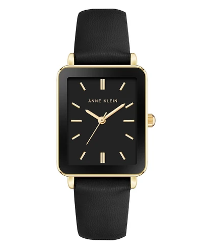 Anne Klein Women's Quartz Rectangular Black Leather and Gold-Tone Metal Alloy Watch, 26mm